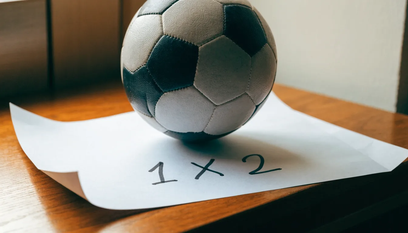 Un pallone da calcio appoggiato su una schedina bianca su un tavolo di legno, alla luce del giorno