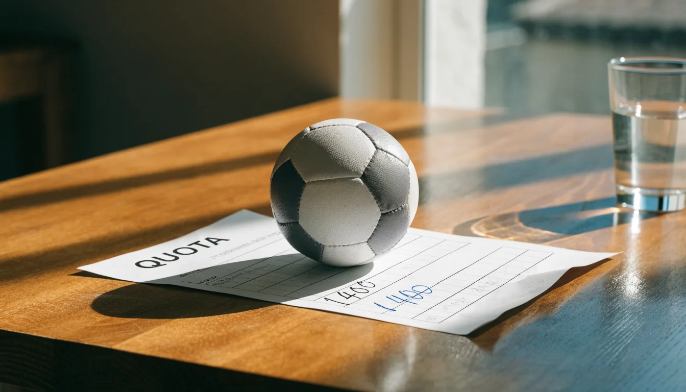 Un pallone da calcio appoggiato su una schedina bianca su un tavolo di legno, alla luce del giorno