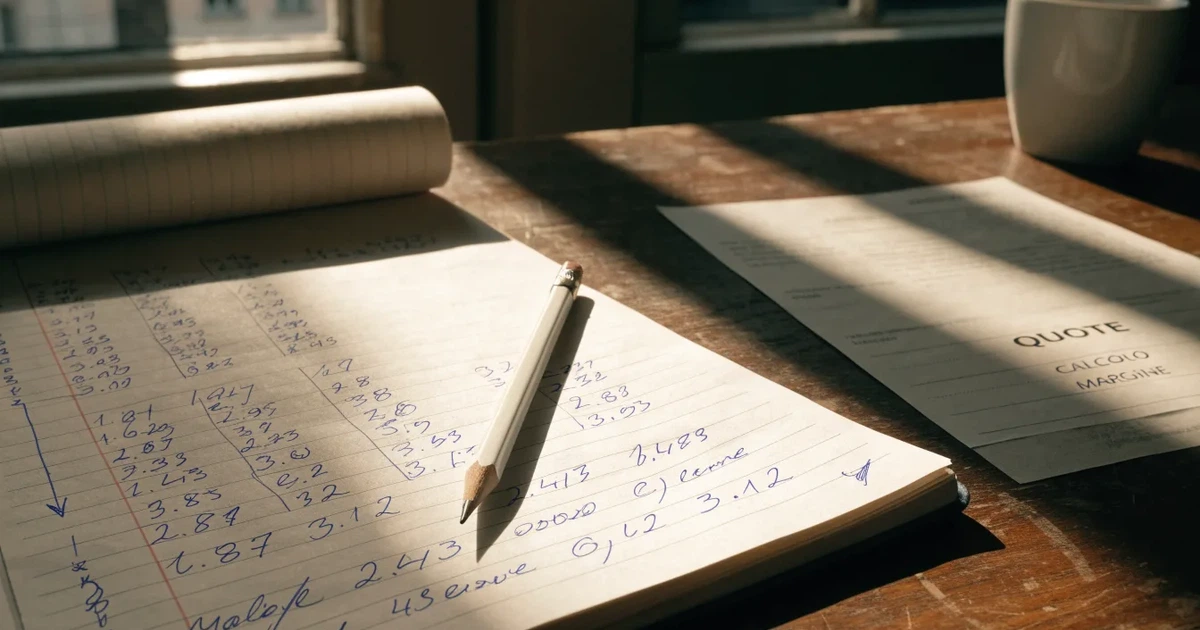 Un quaderno aperto con quote scritte a mano, una calcolatrice e una matita su un tavolo di legno