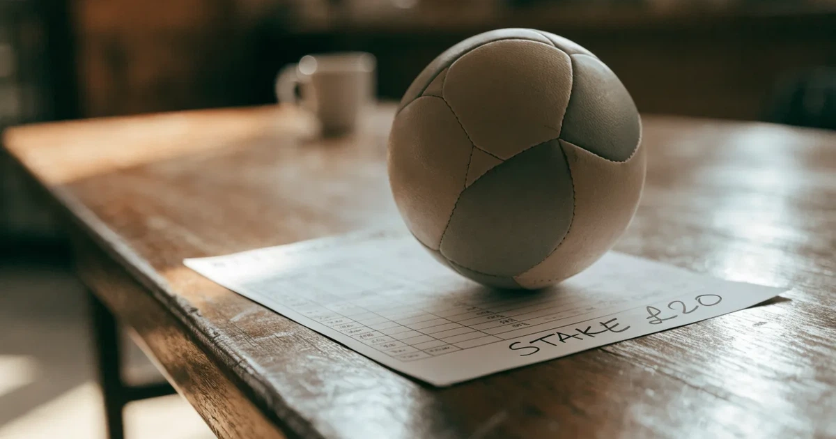 Un pallone da calcio appoggiato su una schedina bianca su un tavolo di legno, alla luce del giorno