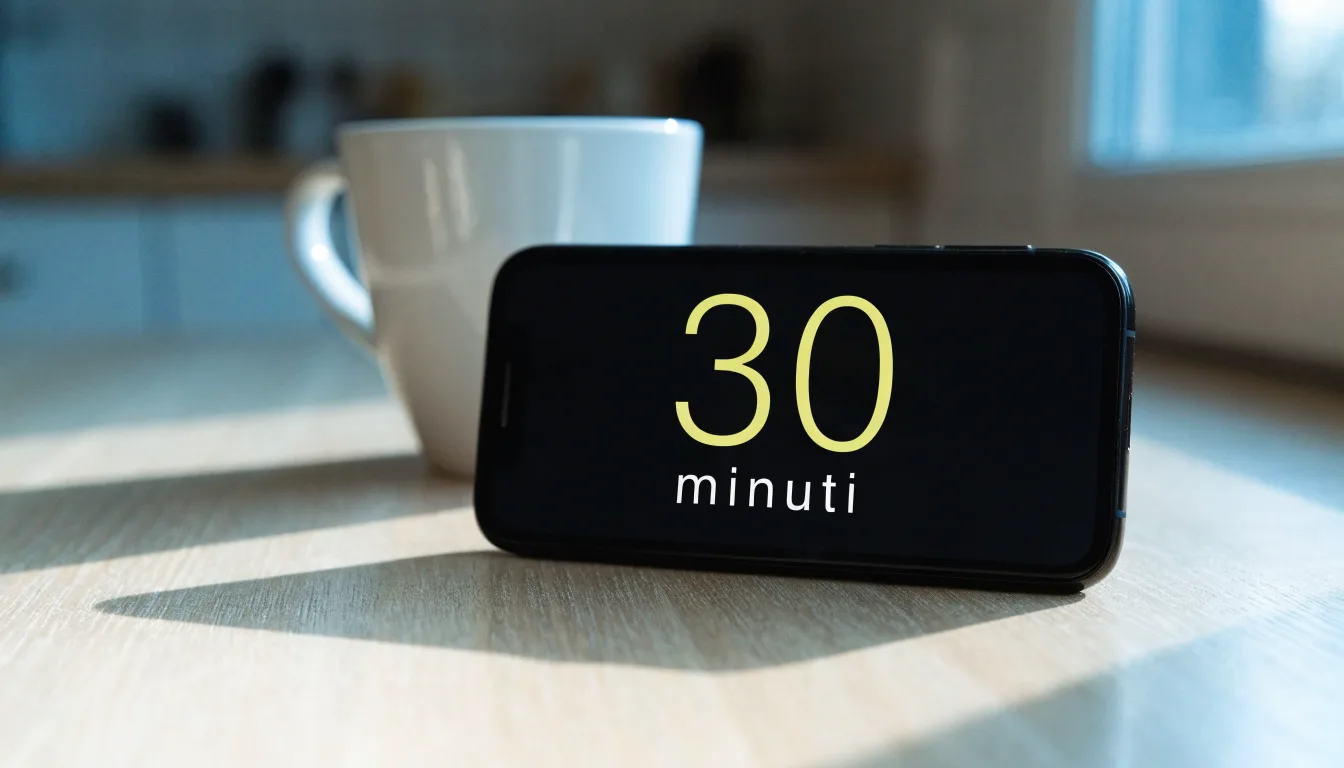Un documento di identità appoggiato accanto a uno smartphone con un timer sullo schermo, su un tavolo da cucina