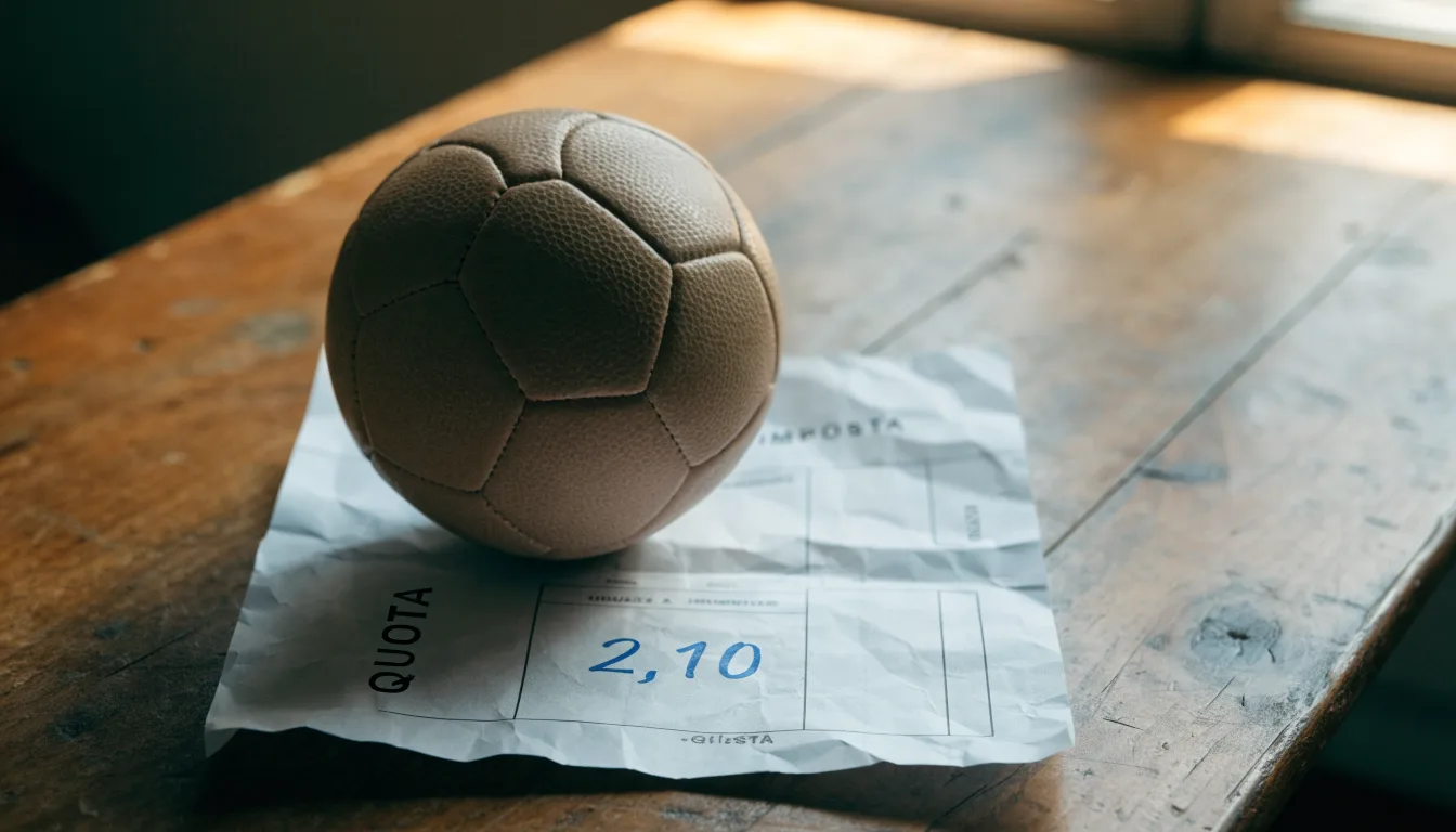 Un pallone da calcio appoggiato su una schedina bianca su un tavolo di legno, alla luce del giorno