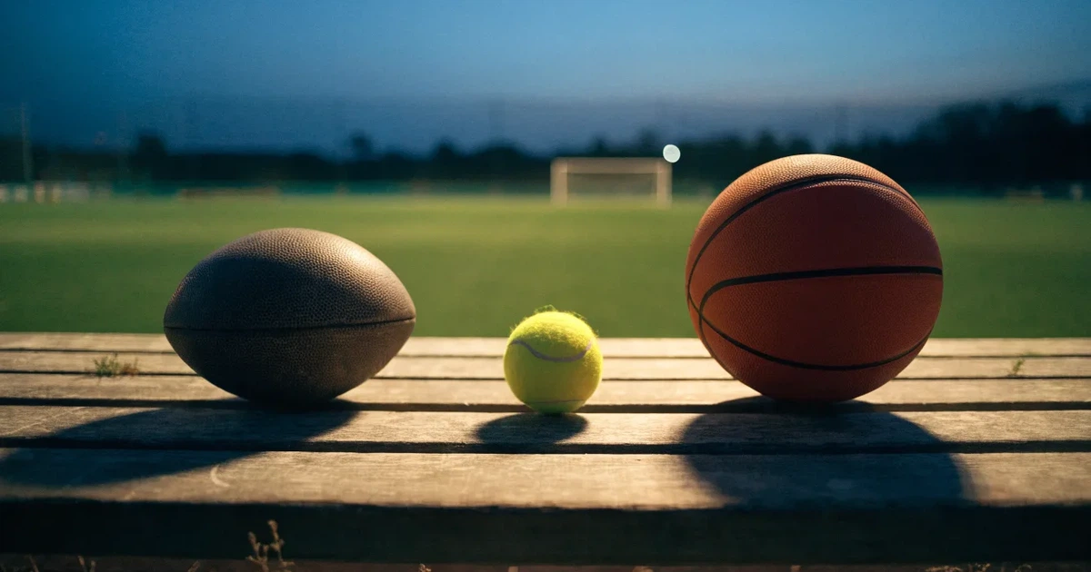 Tre palloni di sport diversi allineati uno accanto all'altro su una panca di legno