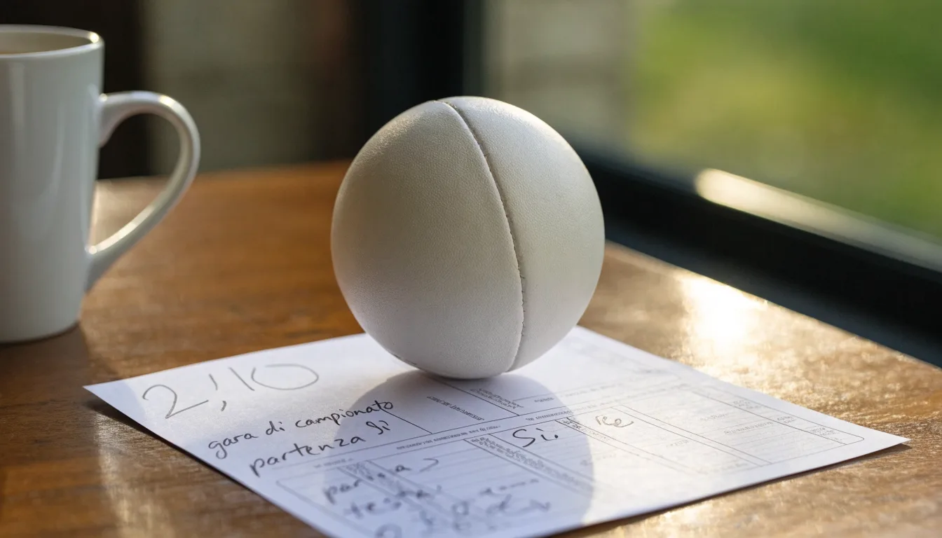 Un pallone da calcio appoggiato su una schedina bianca su un tavolo di legno, alla luce del giorno