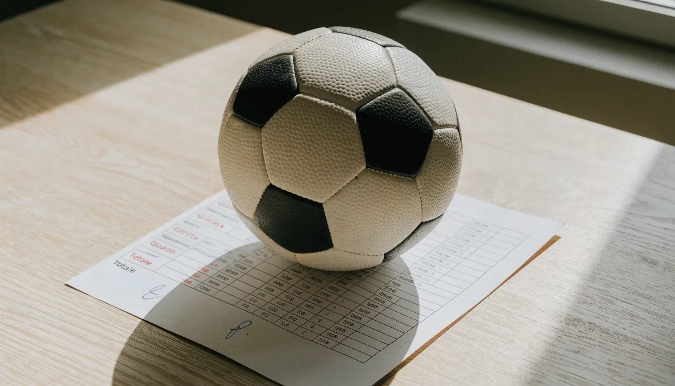 Un pallone da calcio appoggiato su una schedina bianca su un tavolo di legno, alla luce del giorno