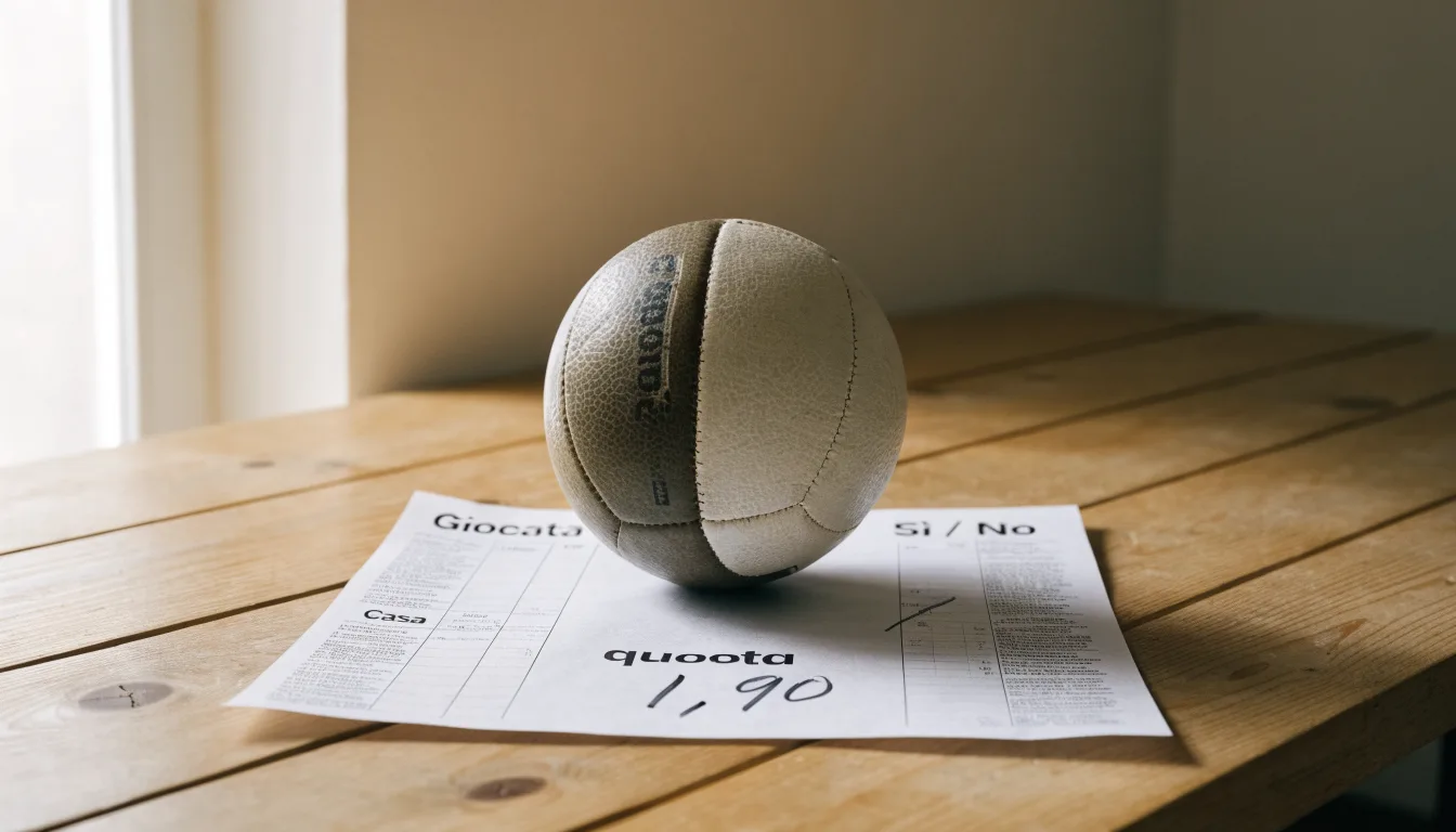 Un pallone da calcio appoggiato su una schedina bianca su un tavolo di legno, alla luce del giorno
