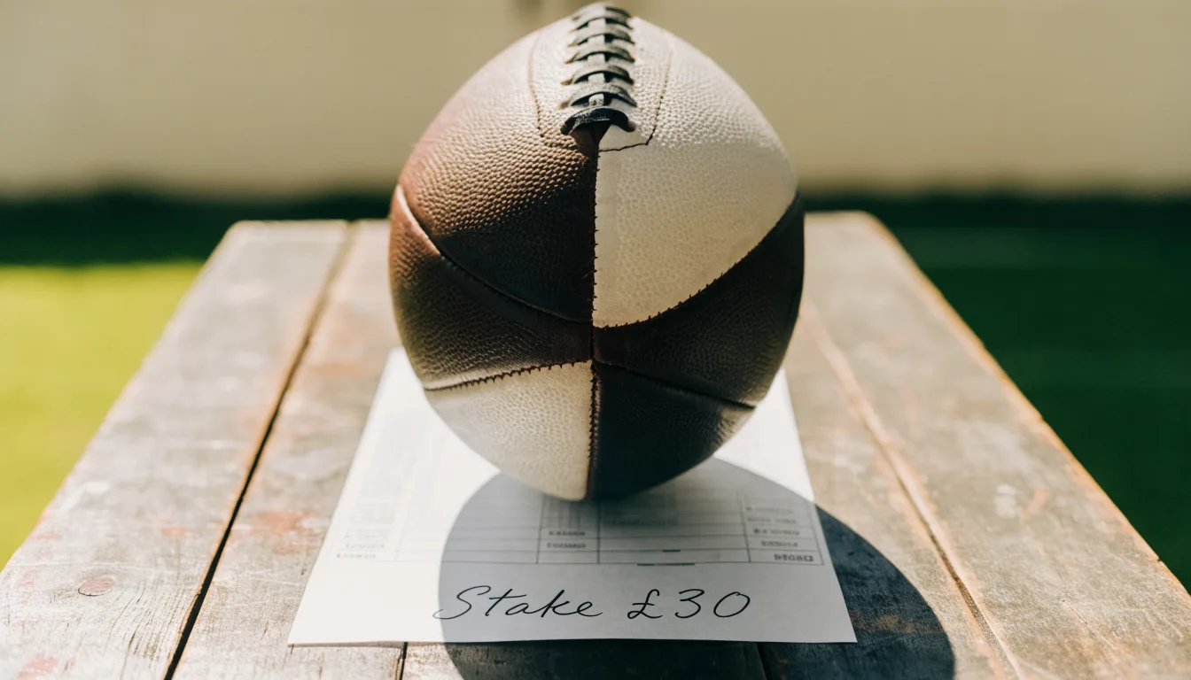 Un pallone da calcio appoggiato su una schedina bianca su un tavolo di legno, alla luce del giorno