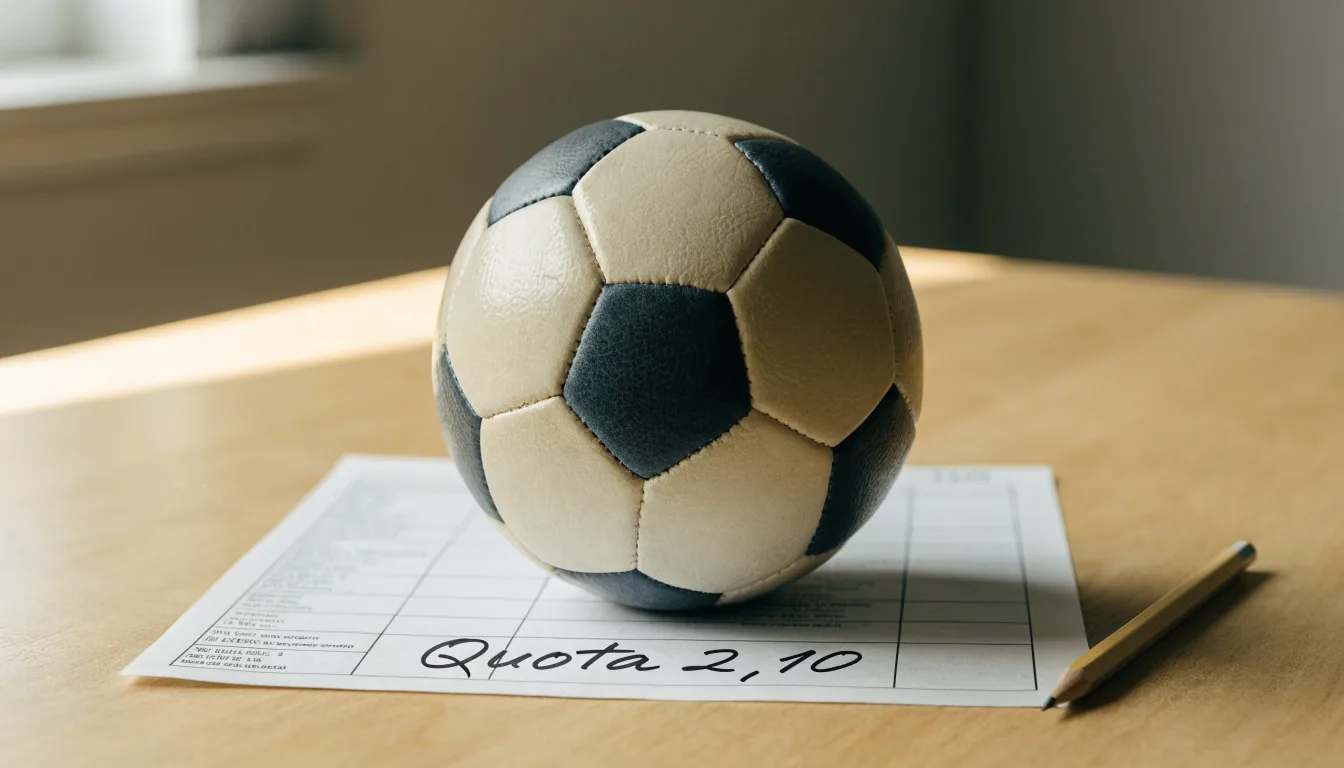 Un pallone da calcio appoggiato su una schedina bianca su un tavolo di legno, alla luce del giorno
