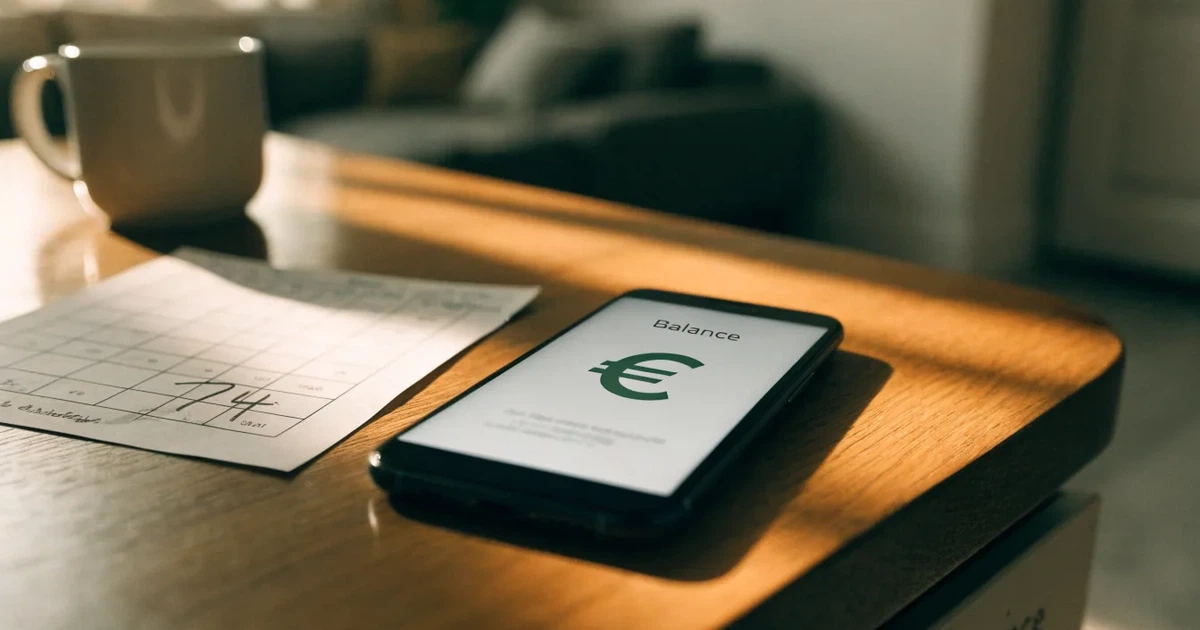 Uno smartphone e una carta di pagamento affiancati su un tavolo di legno, con alcune banconote da euro accanto