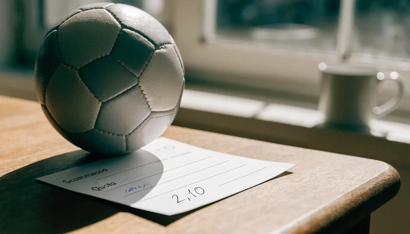 Un pallone da calcio appoggiato su una schedina bianca su un tavolo di legno, alla luce del giorno