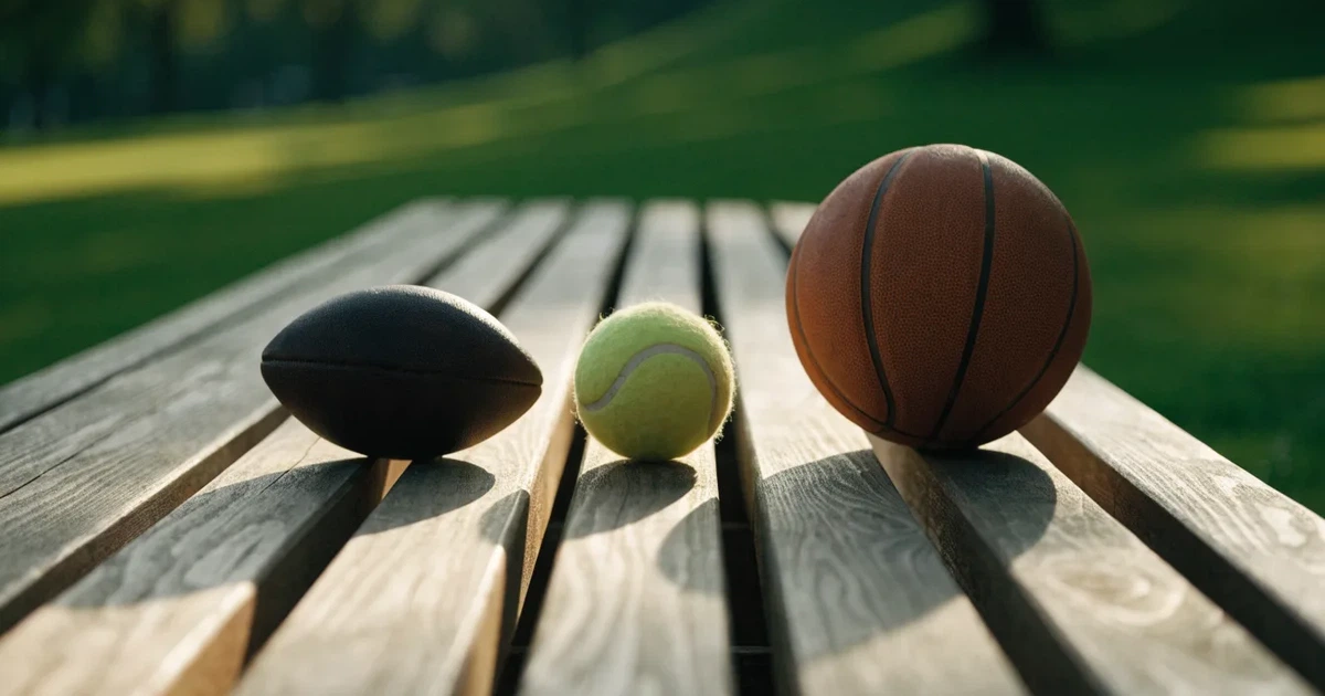 Tre palloni di sport diversi allineati uno accanto all'altro su una panca di legno