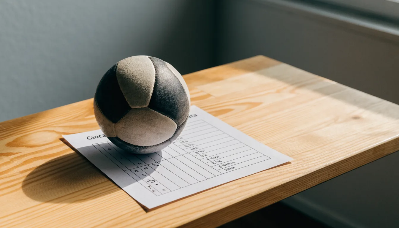 Un pallone da calcio appoggiato su una schedina bianca su un tavolo di legno, alla luce del giorno