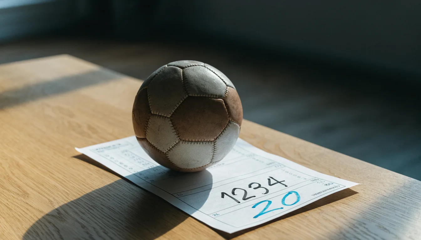 Un pallone da calcio appoggiato su una schedina bianca su un tavolo di legno, alla luce del giorno