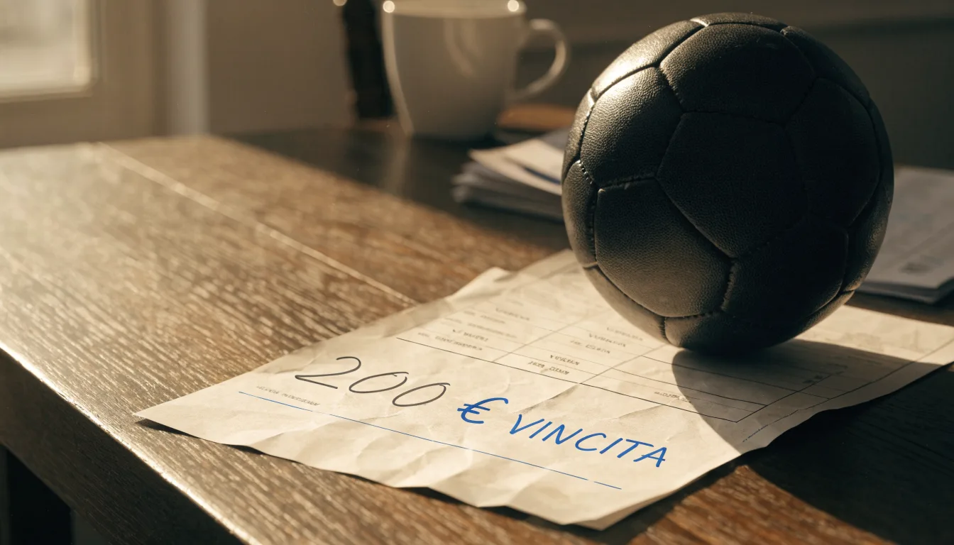 Un pallone da calcio appoggiato su una schedina bianca su un tavolo di legno, alla luce del giorno