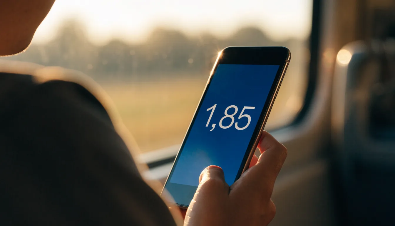 Una mano che tiene uno smartphone con una scommessa sullo schermo, su un treno nel tardo pomeriggio
