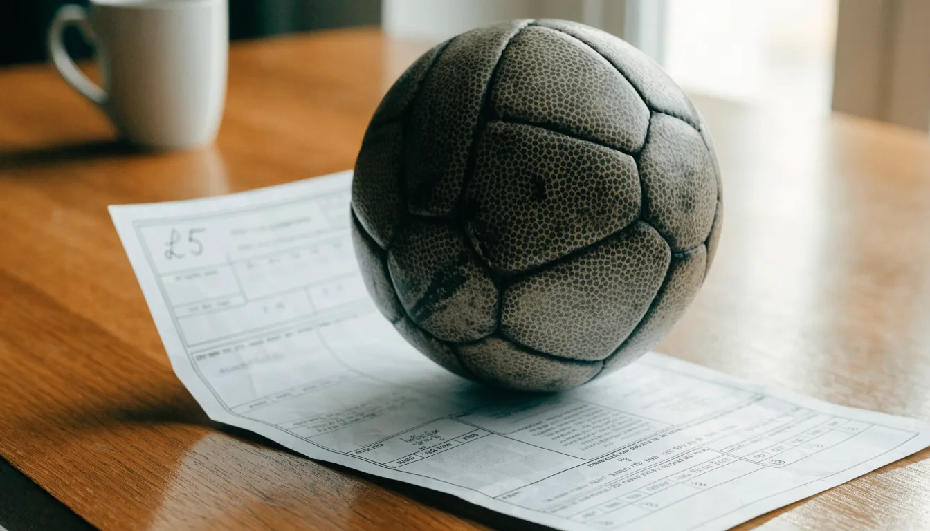 Un pallone da calcio appoggiato su una schedina bianca su un tavolo di legno, alla luce del giorno