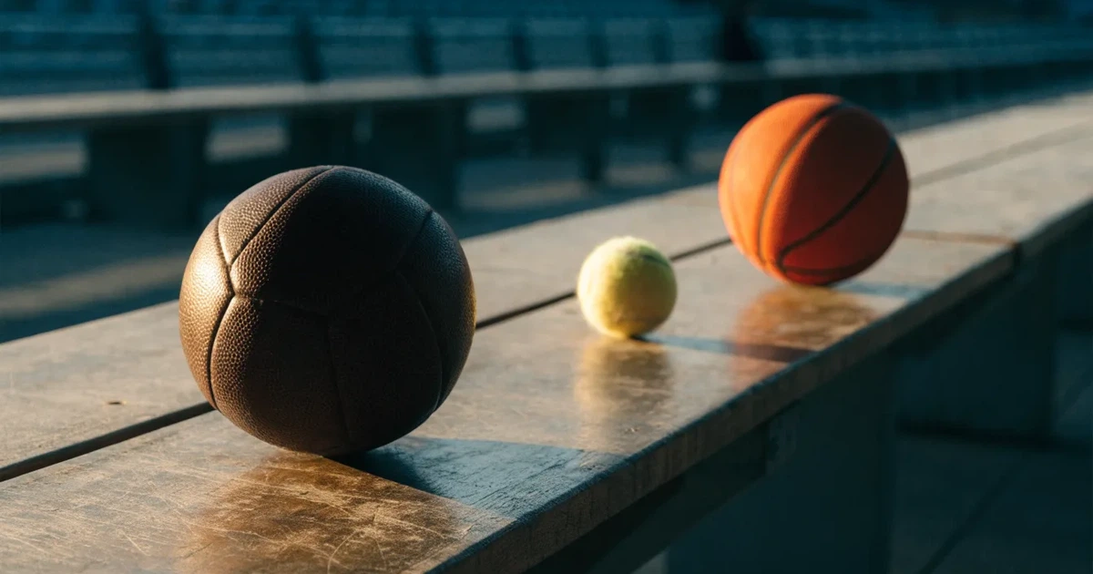 Tre palloni di sport diversi allineati uno accanto all'altro su una panca di legno