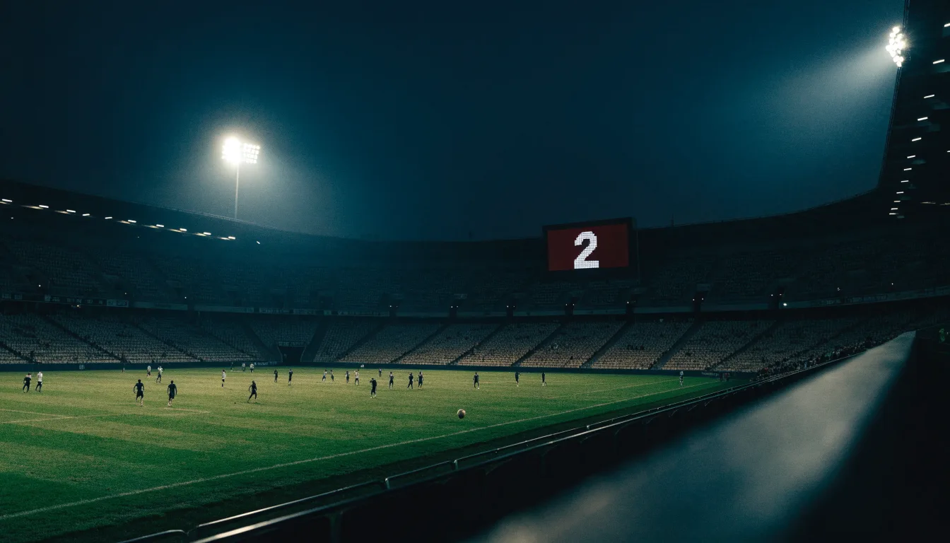 Un tabellone elettronico di uno stadio con il risultato a metà del secondo tempo, visto dalle tribune