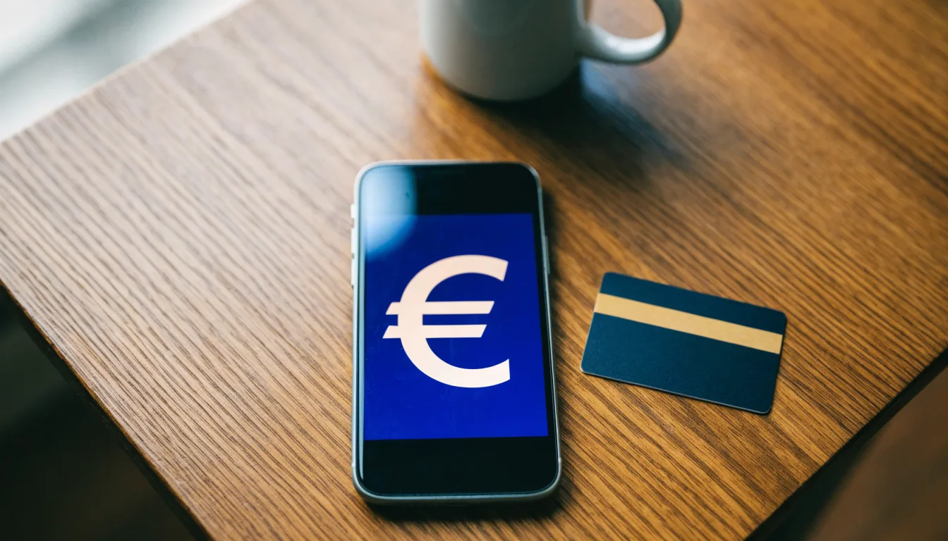 Uno smartphone e una carta di pagamento affiancati su un tavolo di legno, con alcune banconote da euro accanto