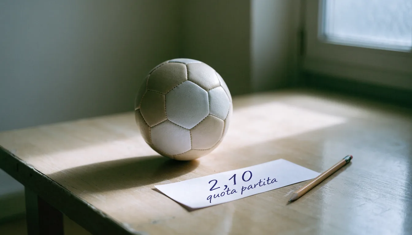Un pallone da calcio appoggiato su una schedina bianca su un tavolo di legno, alla luce del giorno