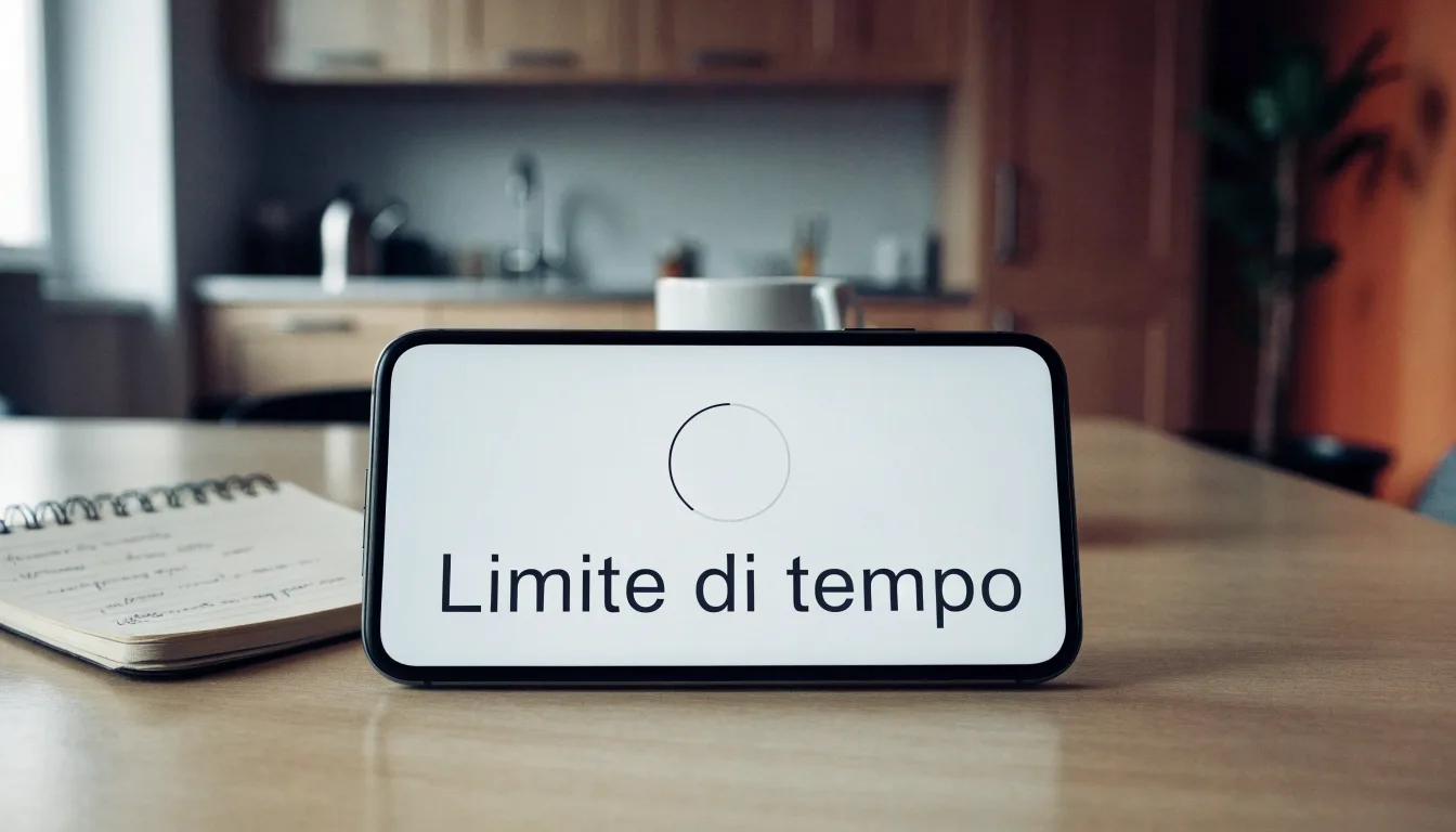 Un documento di identità appoggiato accanto a uno smartphone con un timer sullo schermo, su un tavolo da cucina