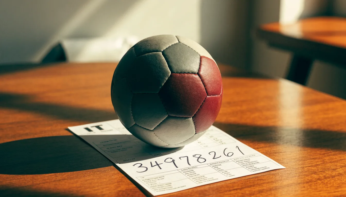 Un pallone da calcio appoggiato su una schedina bianca su un tavolo di legno, alla luce del giorno