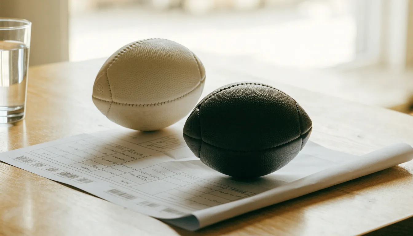 Un pallone da calcio appoggiato su una schedina bianca su un tavolo di legno, alla luce del giorno