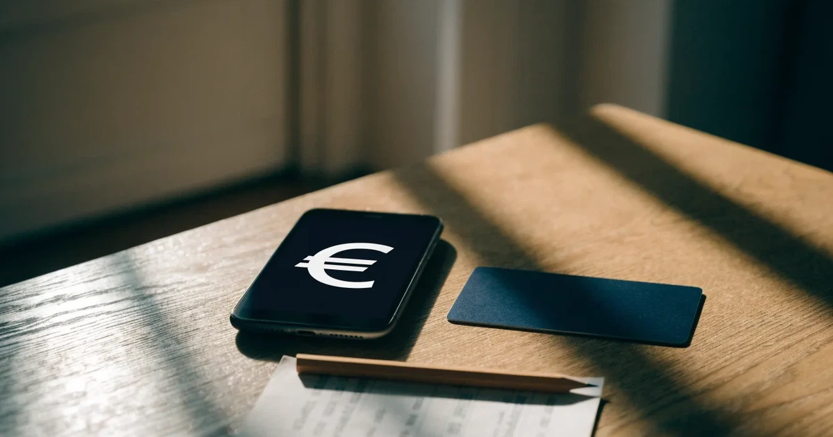 Uno smartphone e una carta di pagamento affiancati su un tavolo di legno, con alcune banconote da euro accanto