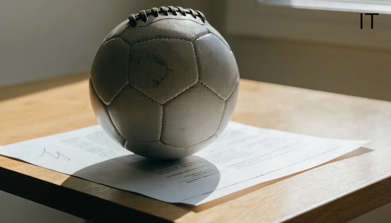 Un pallone da calcio appoggiato su una schedina bianca su un tavolo di legno, alla luce del giorno