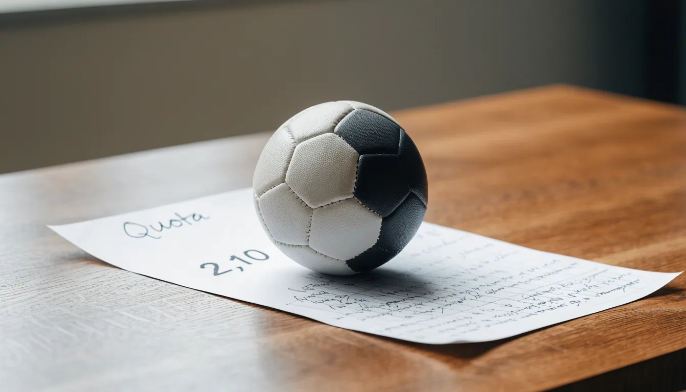 Un pallone da calcio appoggiato su una schedina bianca su un tavolo di legno, alla luce del giorno