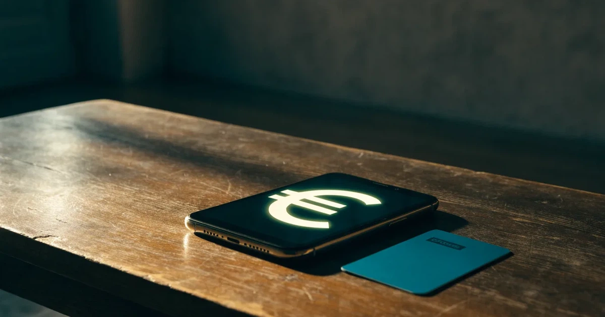 Uno smartphone e una carta di pagamento affiancati su un tavolo di legno, con alcune banconote da euro accanto