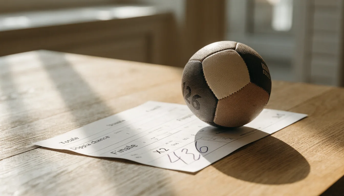 Un pallone da calcio appoggiato su una schedina bianca su un tavolo di legno, alla luce del giorno
