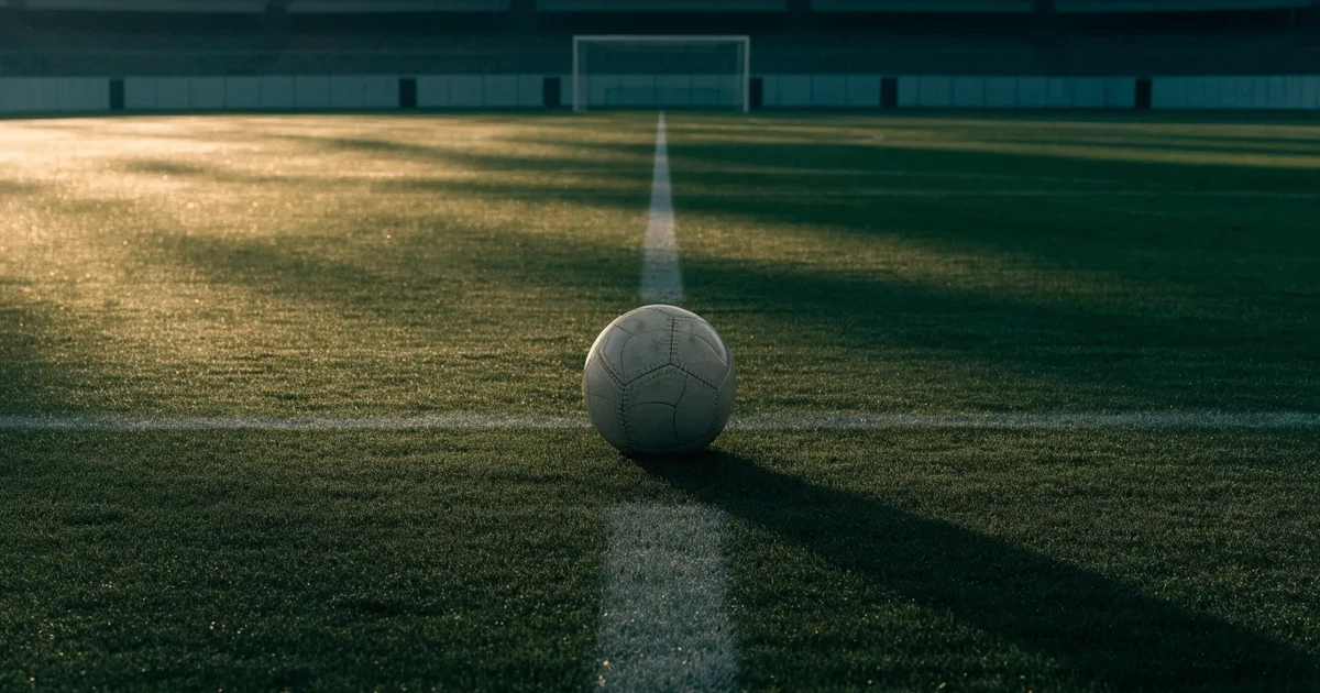 Un pallone da calcio sul dischetto del centrocampo di un prato, alla luce del mattino
