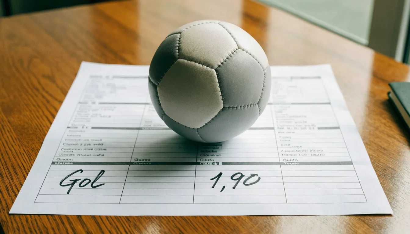Un pallone da calcio appoggiato su una schedina bianca su un tavolo di legno, alla luce del giorno
