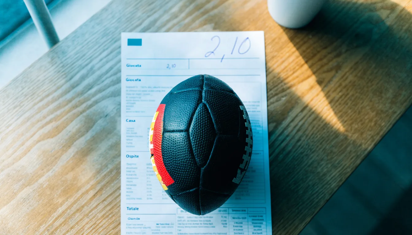 Un pallone da calcio appoggiato su una schedina bianca su un tavolo di legno, alla luce del giorno