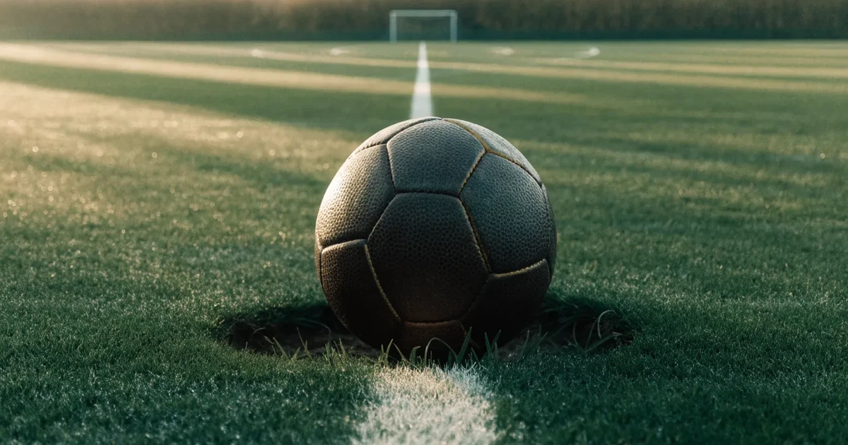 Un pallone da calcio sul dischetto del centrocampo di un prato, alla luce del mattino
