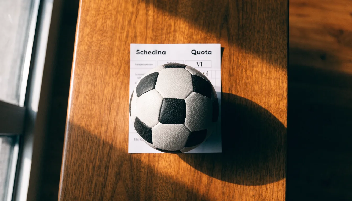 Un pallone da calcio appoggiato su una schedina bianca su un tavolo di legno, alla luce del giorno