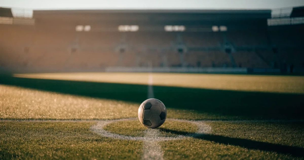 Un pallone da calcio sul dischetto del centrocampo di un prato, alla luce del mattino