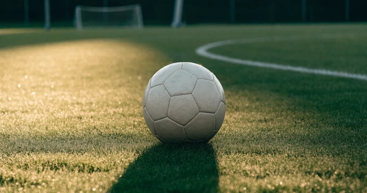 Un pallone da calcio sul dischetto del centrocampo di un prato, alla luce del mattino
