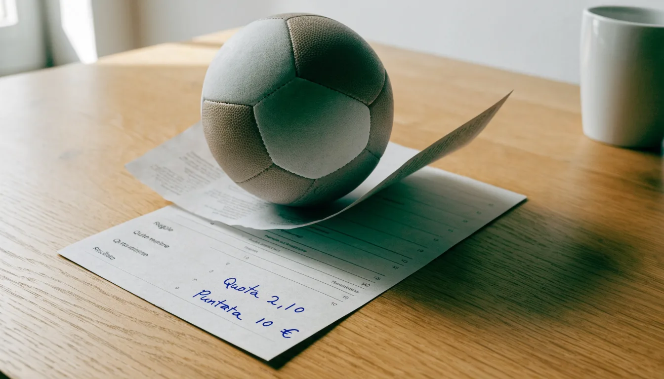 Un pallone da calcio appoggiato su una schedina bianca su un tavolo di legno, alla luce del giorno