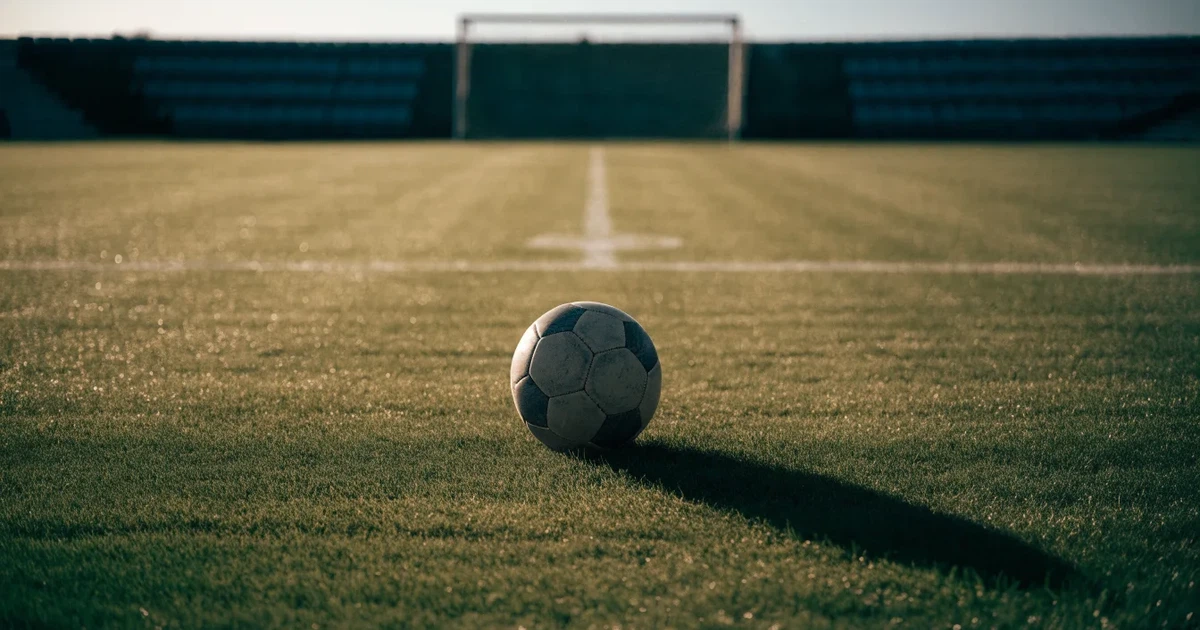 Un pallone da calcio sul dischetto del centrocampo di un prato, alla luce del mattino