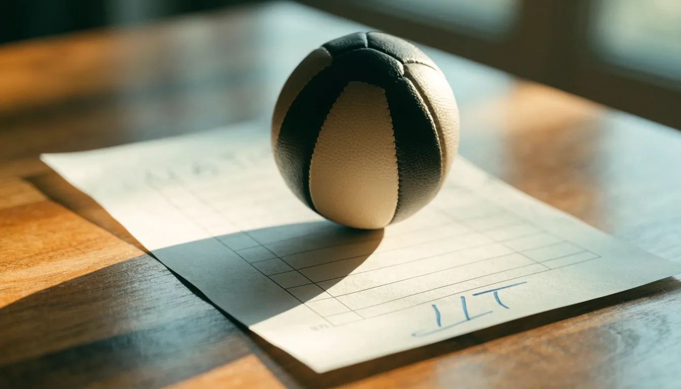 Un pallone da calcio appoggiato su una schedina bianca su un tavolo di legno, alla luce del giorno