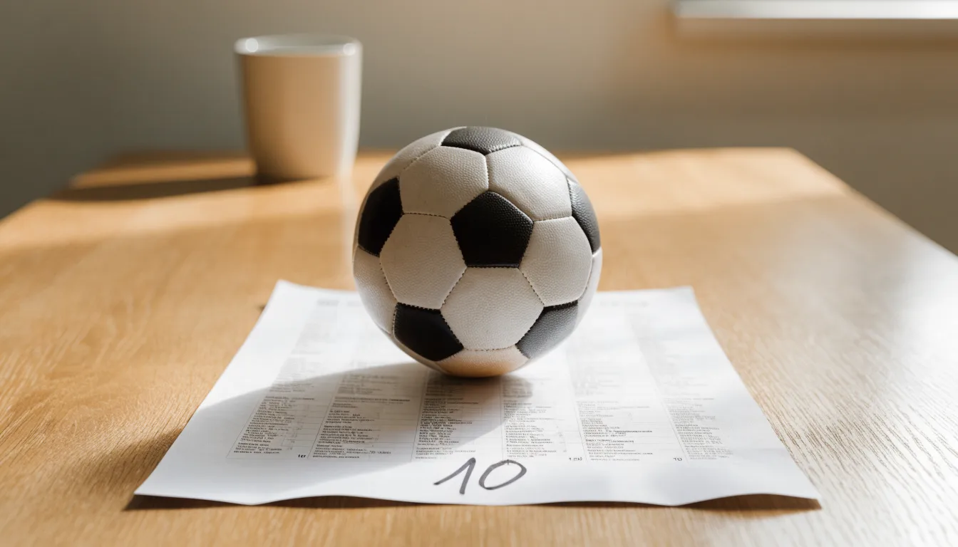 Un pallone da calcio appoggiato su una schedina bianca su un tavolo di legno, alla luce del giorno