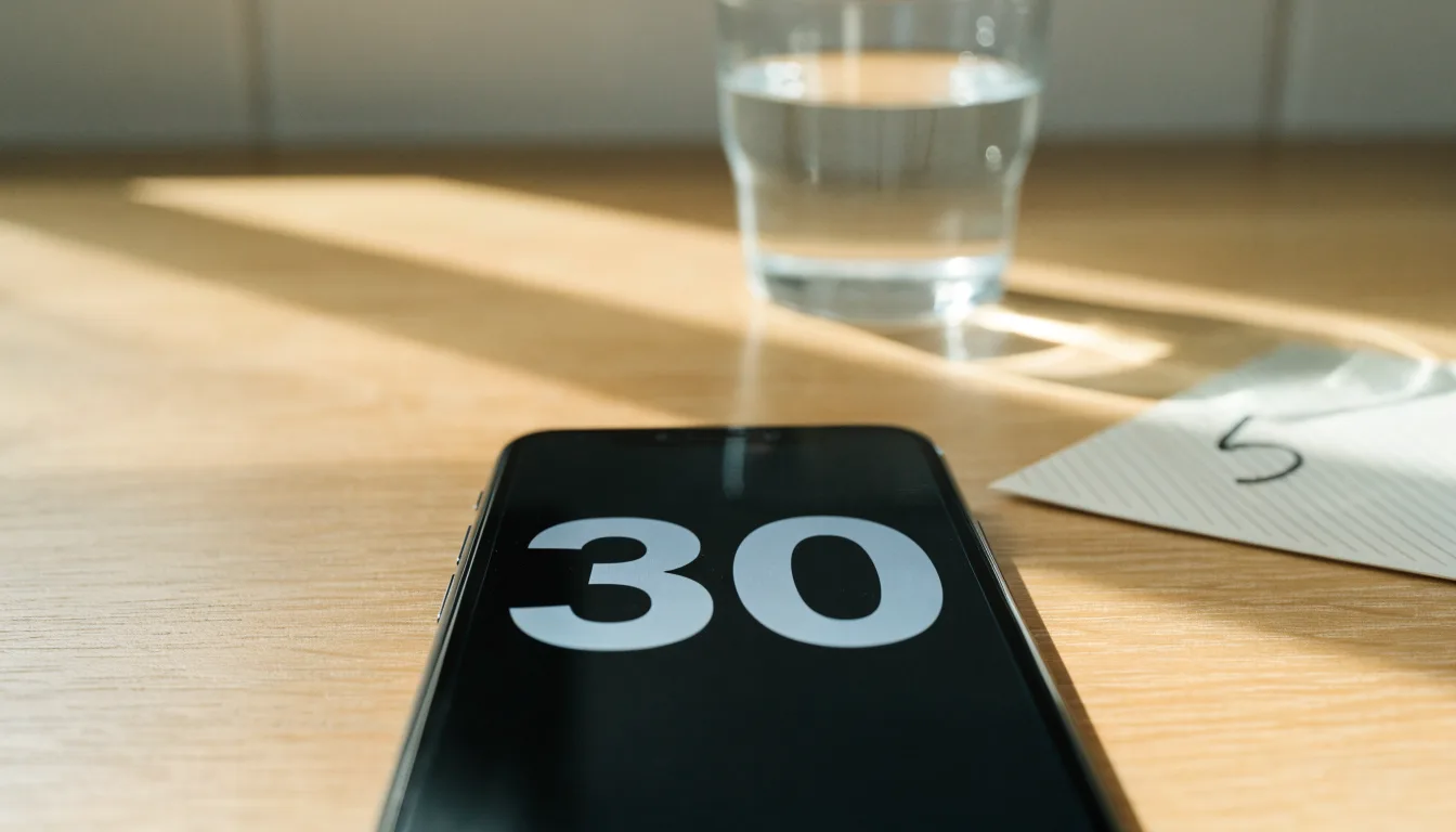 Un documento di identità appoggiato accanto a uno smartphone con un timer sullo schermo, su un tavolo da cucina