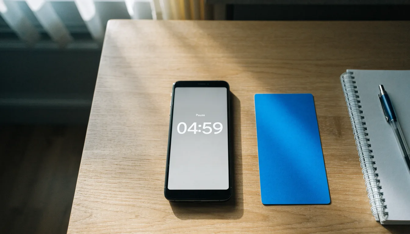 Un documento di identità appoggiato accanto a uno smartphone con un timer sullo schermo, su un tavolo da cucina